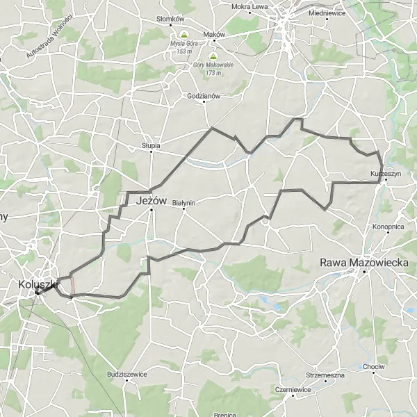 Map miniature of "Koluszki to Wołucza Route" cycling inspiration in Łódzkie, Poland. Generated by Tarmacs.app cycling route planner