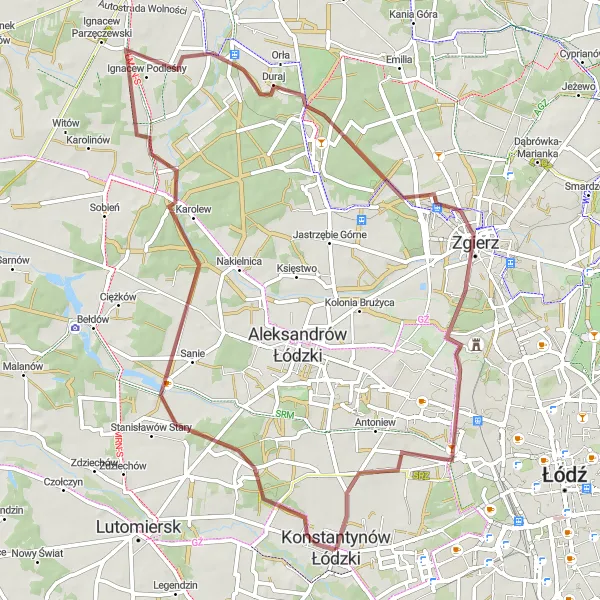 Map miniature of "Zgierz Gravel Adventure" cycling inspiration in Łódzkie, Poland. Generated by Tarmacs.app cycling route planner