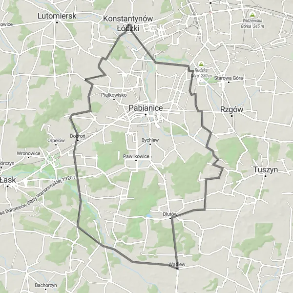 Map miniature of "Dobroń Delight" cycling inspiration in Łódzkie, Poland. Generated by Tarmacs.app cycling route planner