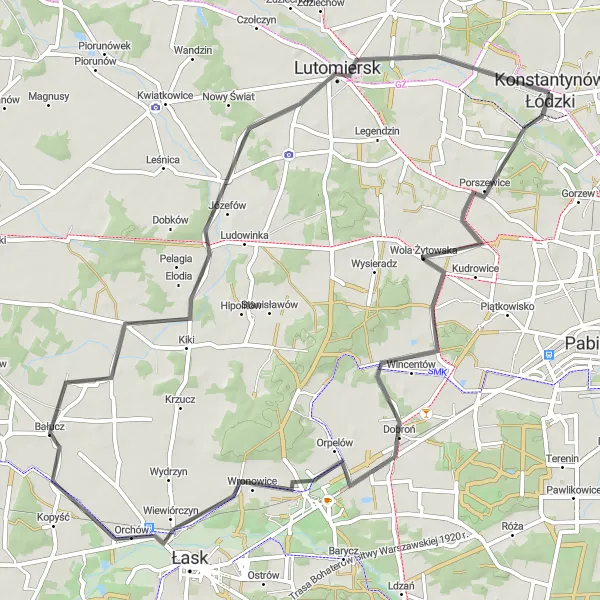 Map miniature of "Dobroń Adventure Ride" cycling inspiration in Łódzkie, Poland. Generated by Tarmacs.app cycling route planner