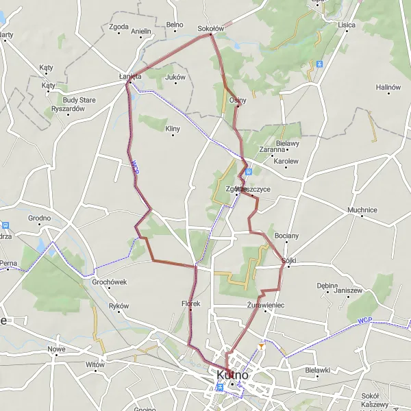 Map miniature of "Gravel Route towards Dworek Modrzewiowy" cycling inspiration in Łódzkie, Poland. Generated by Tarmacs.app cycling route planner