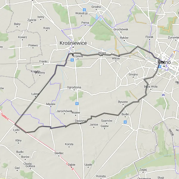 Map miniature of "Kutno - Miłonice - Pawlikowice - Dworek Modrzewiowy Route" cycling inspiration in Łódzkie, Poland. Generated by Tarmacs.app cycling route planner