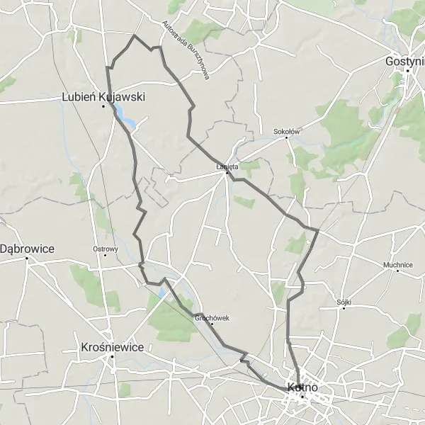 Map miniature of "Kutno - Kołomia - Łanięta - Strzelce Kujawskie Route" cycling inspiration in Łódzkie, Poland. Generated by Tarmacs.app cycling route planner