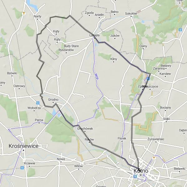 Map miniature of "Kutno - Łanięta - Strzelce Kujawskie Route" cycling inspiration in Łódzkie, Poland. Generated by Tarmacs.app cycling route planner