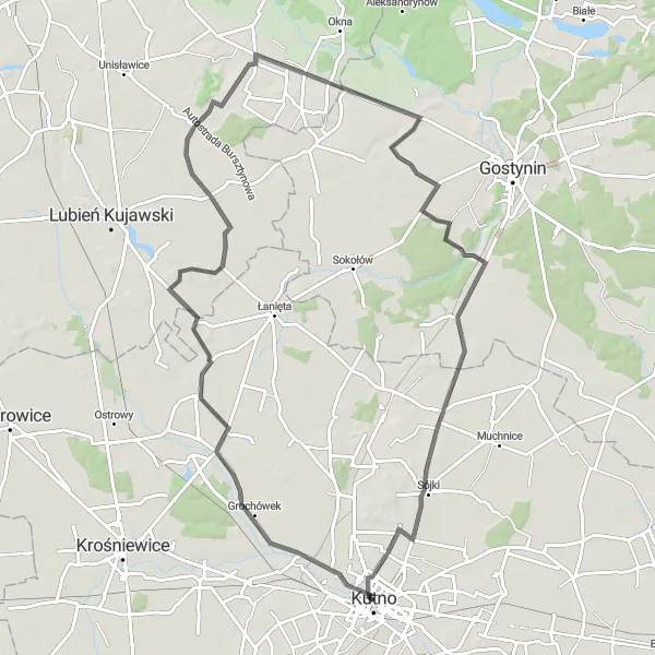 Map miniature of "Kurowo-Kolonia Escape" cycling inspiration in Łódzkie, Poland. Generated by Tarmacs.app cycling route planner