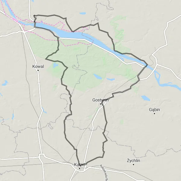 Map miniature of "Road Route to Łąck and Malina" cycling inspiration in Łódzkie, Poland. Generated by Tarmacs.app cycling route planner