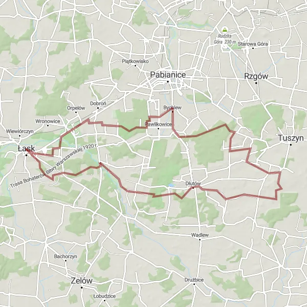 Map miniature of "Łask-Jadwinin-Zofiówka-Dłutów-Łask" cycling inspiration in Łódzkie, Poland. Generated by Tarmacs.app cycling route planner