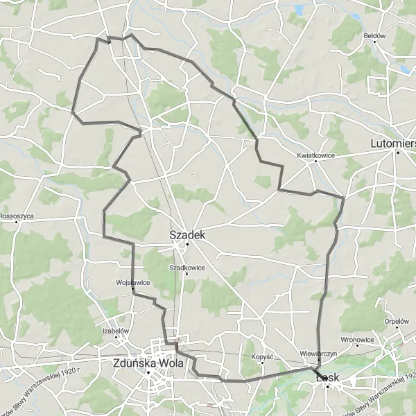 Map miniature of "Łask-Zadzim-Wodzierady-Łask" cycling inspiration in Łódzkie, Poland. Generated by Tarmacs.app cycling route planner