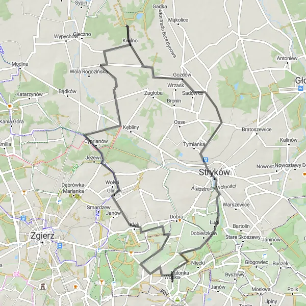 Map miniature of "Scenic Route: Jack and Wódka" cycling inspiration in Łódzkie, Poland. Generated by Tarmacs.app cycling route planner