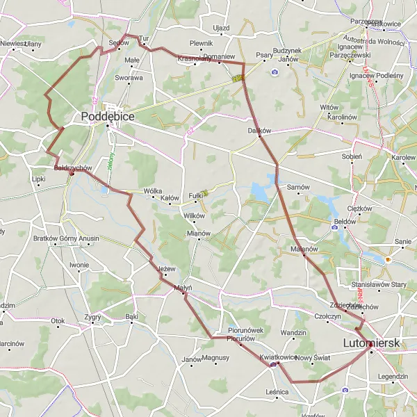 Map miniature of "Gravel Ride to Małyń and Charbice Dolne" cycling inspiration in Łódzkie, Poland. Generated by Tarmacs.app cycling route planner