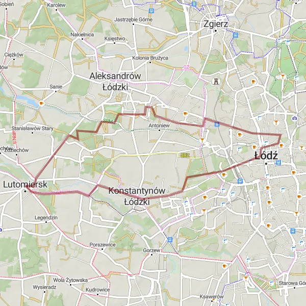 Map miniature of "Lutomiersk Round Trip" cycling inspiration in Łódzkie, Poland. Generated by Tarmacs.app cycling route planner