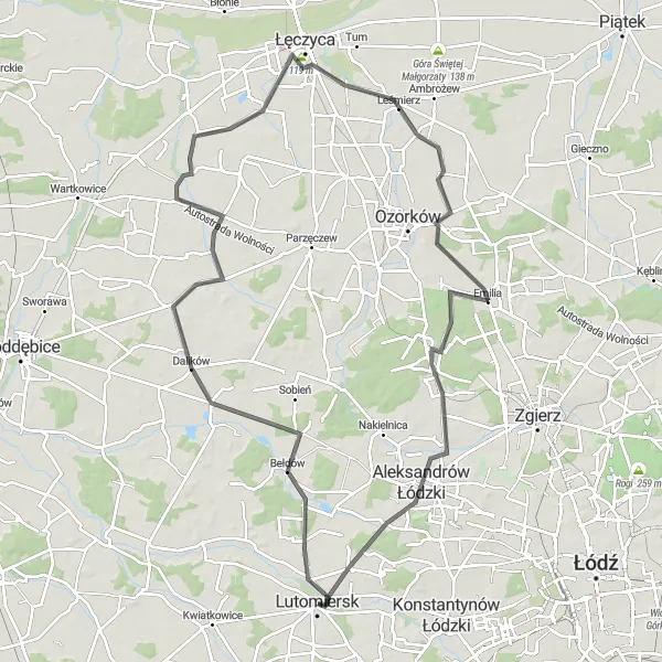 Map miniature of "Road Cycling Exploration near Lutomiersk" cycling inspiration in Łódzkie, Poland. Generated by Tarmacs.app cycling route planner
