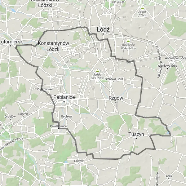 Map miniature of "The Scheibler Family Chapel Circuit" cycling inspiration in Łódzkie, Poland. Generated by Tarmacs.app cycling route planner