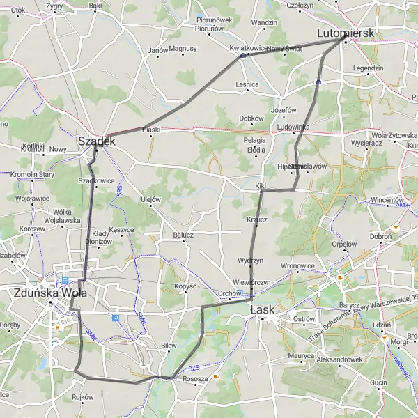 Miniatura mapy "Szlak przez wiejskie drogi" - trasy rowerowej w Łódzkie, Poland. Wygenerowane przez planer tras rowerowych Tarmacs.app