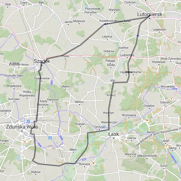 Map miniature of "Road Cycling Route to Szadek and Kwiatkowice" cycling inspiration in Łódzkie, Poland. Generated by Tarmacs.app cycling route planner