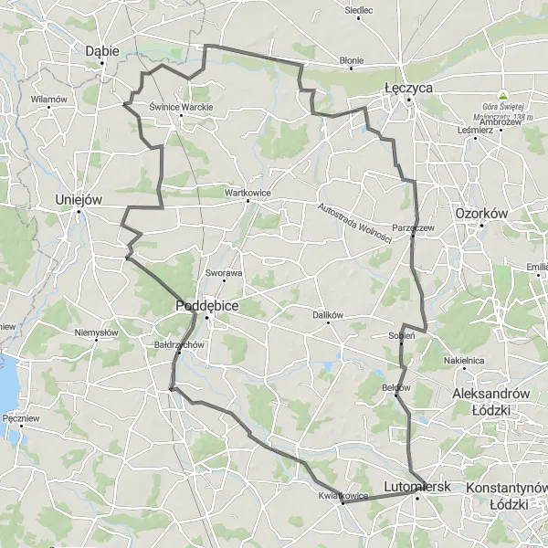 Map miniature of "Lutomiersk-Małyń Adventure" cycling inspiration in Łódzkie, Poland. Generated by Tarmacs.app cycling route planner