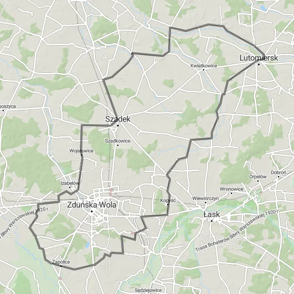 Miniatura mapy "Długa trasa przez różnorodne tereny" - trasy rowerowej w Łódzkie, Poland. Wygenerowane przez planer tras rowerowych Tarmacs.app