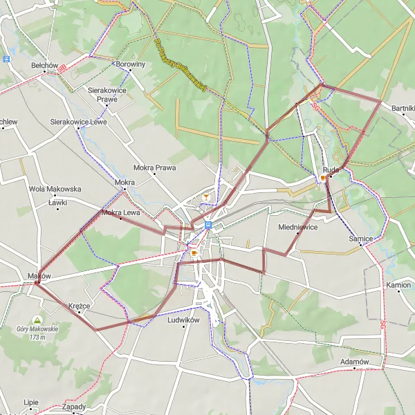 Map miniature of "Gravel Adventure: Through Nature and History" cycling inspiration in Łódzkie, Poland. Generated by Tarmacs.app cycling route planner