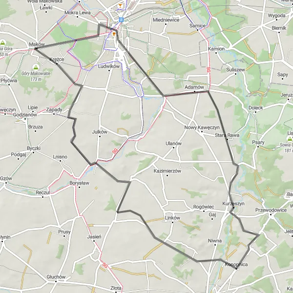 Miniatura mapy "Trasa przez Skierniewice i Konopnicę" - trasy rowerowej w Łódzkie, Poland. Wygenerowane przez planer tras rowerowych Tarmacs.app