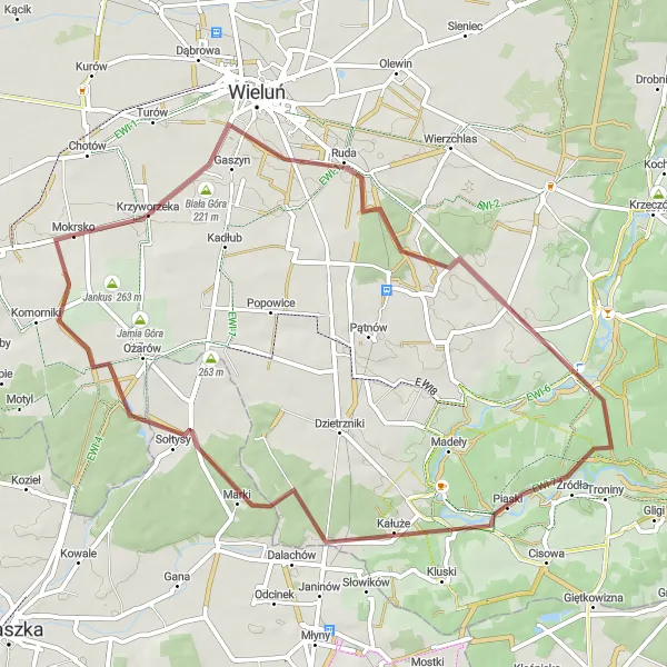 Map miniature of "Krzyworzeka Gravel Adventure" cycling inspiration in Łódzkie, Poland. Generated by Tarmacs.app cycling route planner