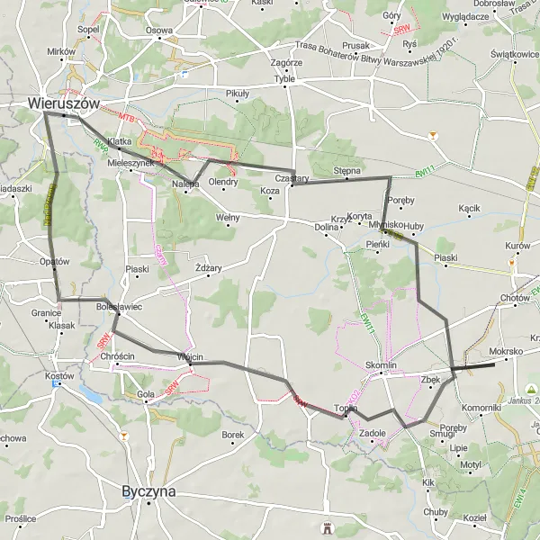 Map miniature of "Road Cycling Adventure in Łódzkie" cycling inspiration in Łódzkie, Poland. Generated by Tarmacs.app cycling route planner