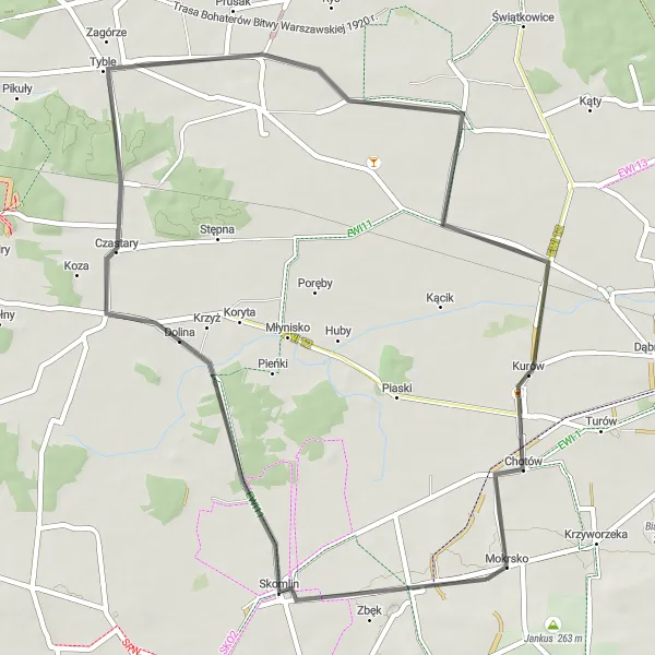 Map miniature of "Skomlin and Sokolniki Road Route" cycling inspiration in Łódzkie, Poland. Generated by Tarmacs.app cycling route planner
