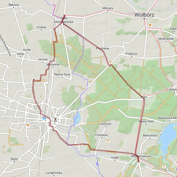 Map miniature of "Wola Moszczenicka Loop" cycling inspiration in Łódzkie, Poland. Generated by Tarmacs.app cycling route planner