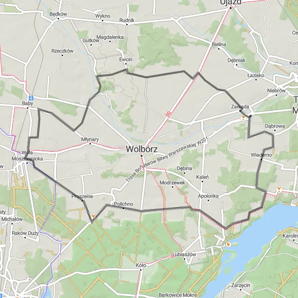 Map miniature of "The Drzazgowa Wola Loop" cycling inspiration in Łódzkie, Poland. Generated by Tarmacs.app cycling route planner