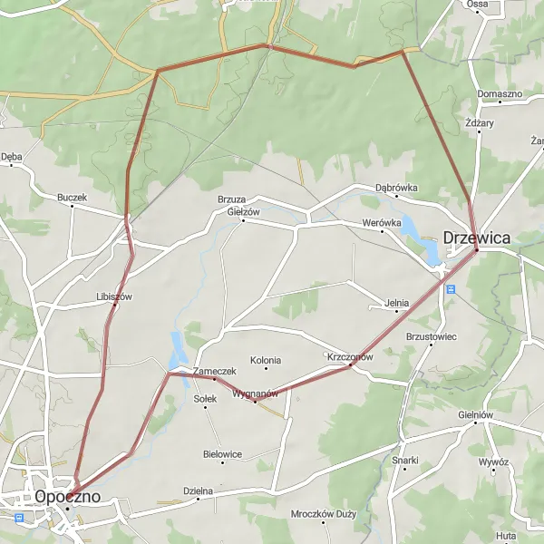 Map miniature of "Opoczno to Drzewica and Górski tor kajakowy" cycling inspiration in Łódzkie, Poland. Generated by Tarmacs.app cycling route planner