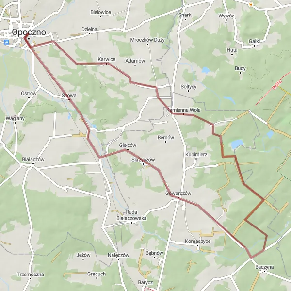 Map miniature of "Borowa Góra and Petrykozy Adventure" cycling inspiration in Łódzkie, Poland. Generated by Tarmacs.app cycling route planner