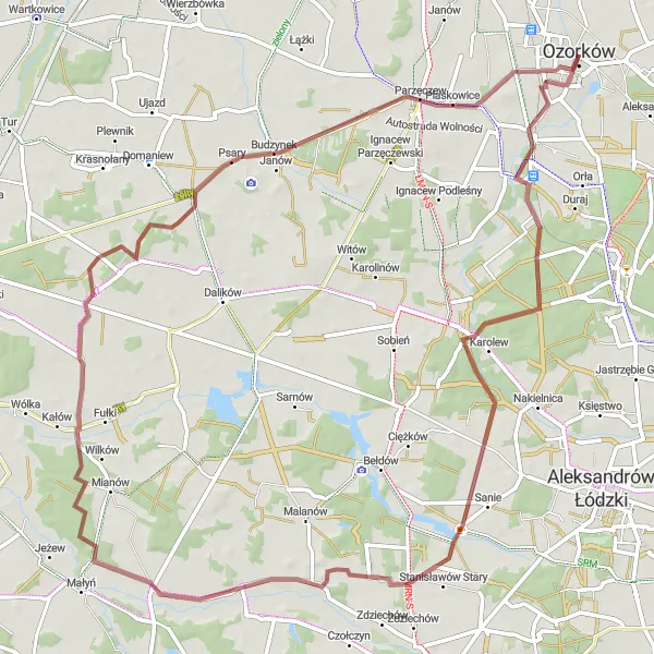 Map miniature of "Adventure through Adamów" cycling inspiration in Łódzkie, Poland. Generated by Tarmacs.app cycling route planner