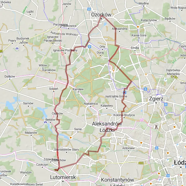 Miniatura mapy "Trasa gravelowa przez Kazimierz i Chociszew" - trasy rowerowej w Łódzkie, Poland. Wygenerowane przez planer tras rowerowych Tarmacs.app