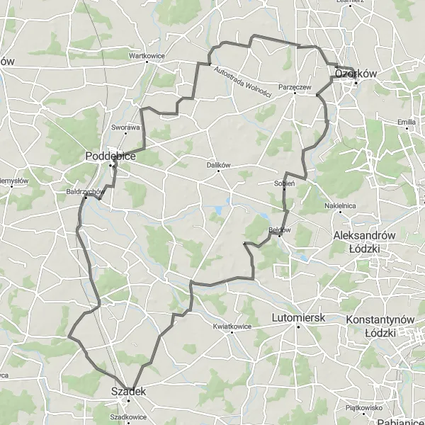 Miniatura mapy "Trasa rowerowa Road z Bełdowa do Poddębic" - trasy rowerowej w Łódzkie, Poland. Wygenerowane przez planer tras rowerowych Tarmacs.app
