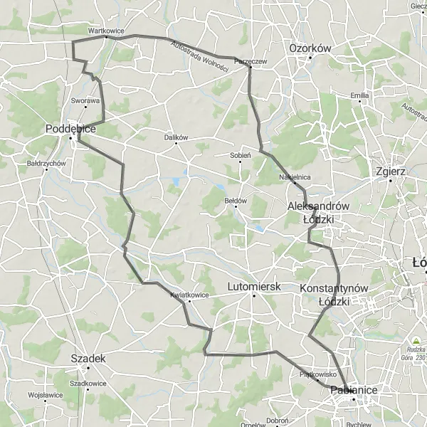 Miniatura mapy "Trasa szosowa przez Małyń i Górkę Pabianicką" - trasy rowerowej w Łódzkie, Poland. Wygenerowane przez planer tras rowerowych Tarmacs.app