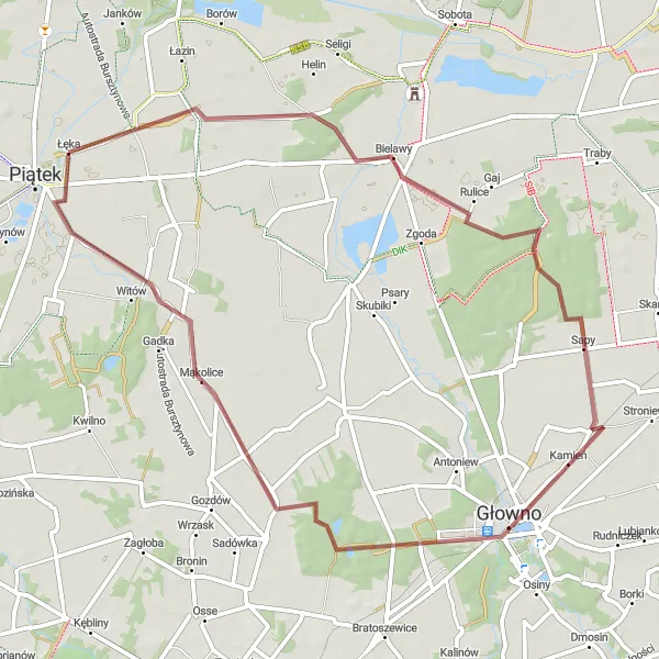 Map miniature of "Bielawy and Głowno Gravel Circuit" cycling inspiration in Łódzkie, Poland. Generated by Tarmacs.app cycling route planner