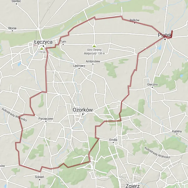 Map miniature of "Modlna and Łęczyca Gravel Adventure" cycling inspiration in Łódzkie, Poland. Generated by Tarmacs.app cycling route planner