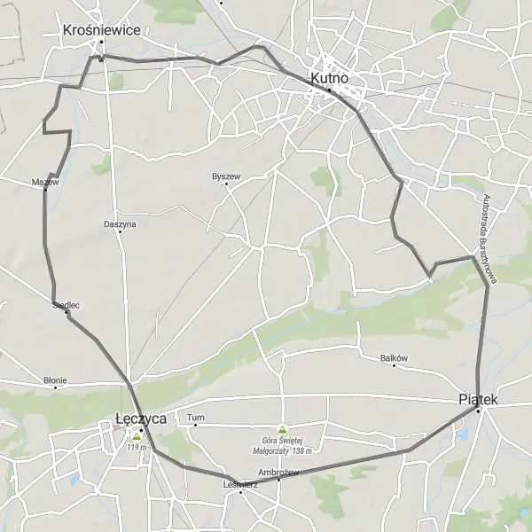 Miniatura mapy "Trasa Piątek - Kutno" - trasy rowerowej w Łódzkie, Poland. Wygenerowane przez planer tras rowerowych Tarmacs.app