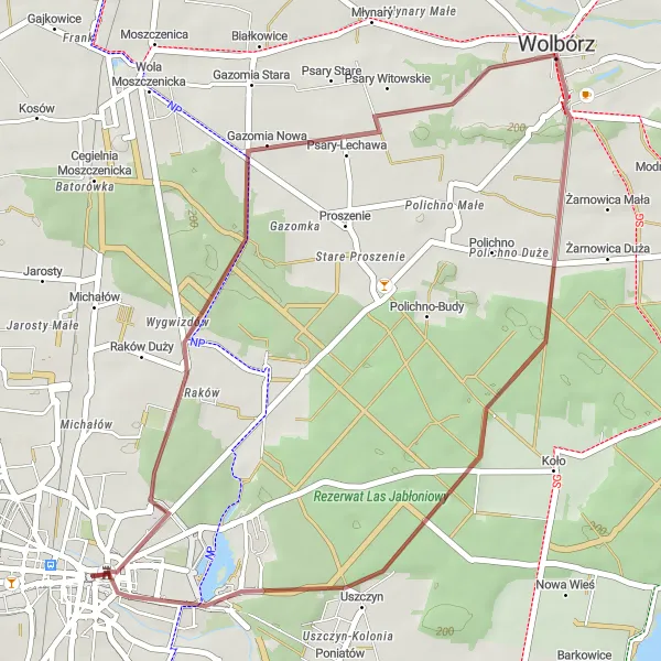 Map miniature of "Piotrków Trybunalski - Wolbórz Loop" cycling inspiration in Łódzkie, Poland. Generated by Tarmacs.app cycling route planner