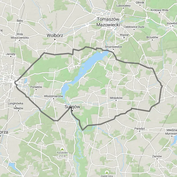 Map miniature of "Piotrków Trybunalski - Łęczno - Witów Loop" cycling inspiration in Łódzkie, Poland. Generated by Tarmacs.app cycling route planner