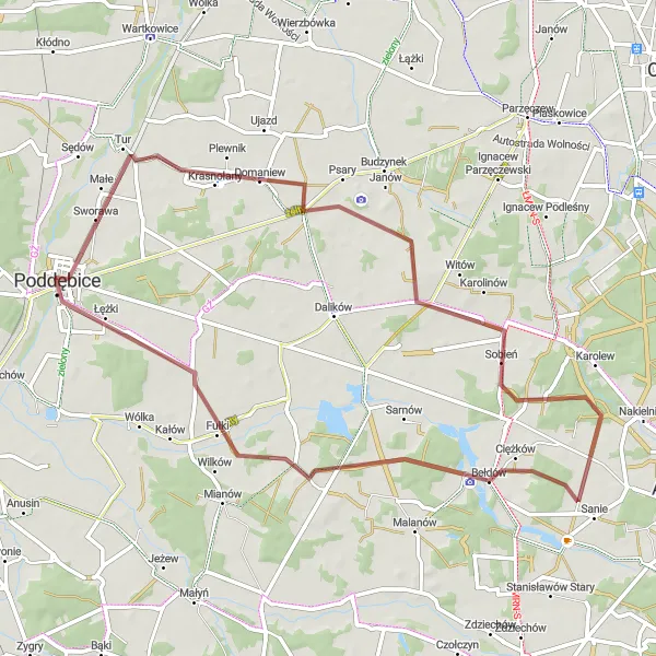 Miniatura mapy "Trasa Poddębice - Bełdów" - trasy rowerowej w Łódzkie, Poland. Wygenerowane przez planer tras rowerowych Tarmacs.app