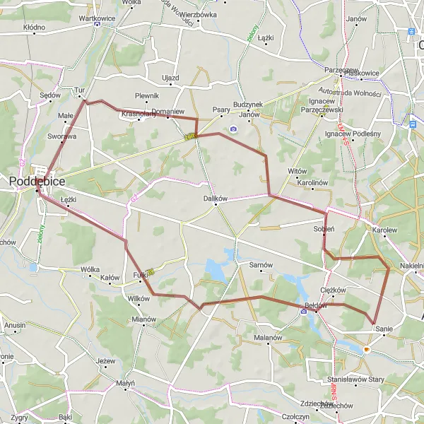 Map miniature of "The Bełdów Gravel Adventure" cycling inspiration in Łódzkie, Poland. Generated by Tarmacs.app cycling route planner