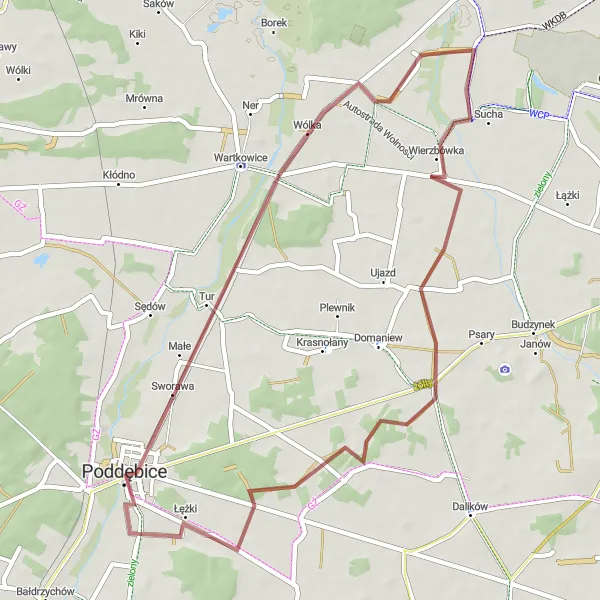Map miniature of "The Wola Niedźwiedzia Trail" cycling inspiration in Łódzkie, Poland. Generated by Tarmacs.app cycling route planner