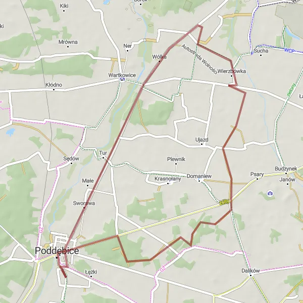 Map miniature of "Poddębice - Józefka Gravel Cycling Route" cycling inspiration in Łódzkie, Poland. Generated by Tarmacs.app cycling route planner