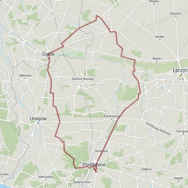 Map miniature of "Poddębice - Grabów Gravel Cycling Route" cycling inspiration in Łódzkie, Poland. Generated by Tarmacs.app cycling route planner