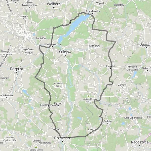 Map miniature of "Przedbórz Scenic Road Adventure" cycling inspiration in Łódzkie, Poland. Generated by Tarmacs.app cycling route planner