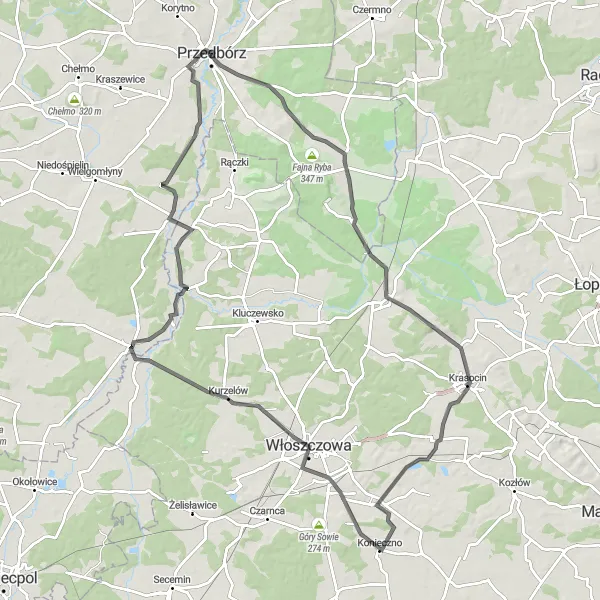 Map miniature of "Przedbórz Panorama Cycling Route" cycling inspiration in Łódzkie, Poland. Generated by Tarmacs.app cycling route planner