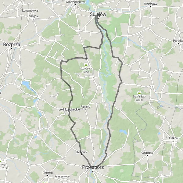 Map miniature of "Majowa Góra and Przedbórz Loop" cycling inspiration in Łódzkie, Poland. Generated by Tarmacs.app cycling route planner