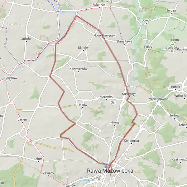 Miniatura mapy "Trasa Rowerowa Gravel: Rawa Mazowiecka - Żydomice" - trasy rowerowej w Łódzkie, Poland. Wygenerowane przez planer tras rowerowych Tarmacs.app