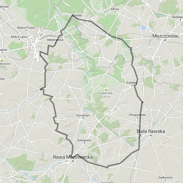 Map miniature of "Exploring Skierniewicki Lake" cycling inspiration in Łódzkie, Poland. Generated by Tarmacs.app cycling route planner