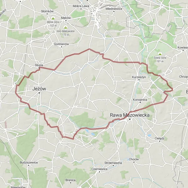 Map miniature of "Countryside Escape" cycling inspiration in Łódzkie, Poland. Generated by Tarmacs.app cycling route planner